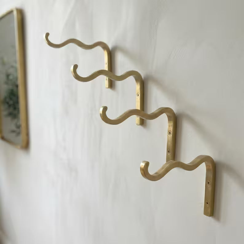 Solid Brass Wavy Wall Hook, Modern Sculptural Coat Hanger, Entryway Organizer