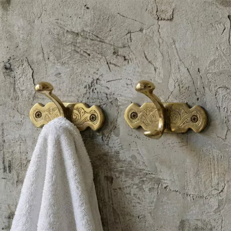 Unlacquered Solid Brass Antique Engraved Double Wall Hook | Vintage Coat & Towel Hook