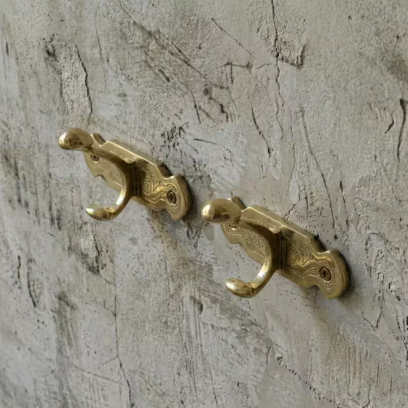 Unlacquered Solid Brass Antique Engraved Double Wall Hook | Vintage Coat & Towel Hook