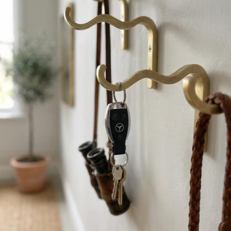 Solid Brass Wavy Wall Hook, Modern Sculptural Coat Hanger, Entryway Organizer