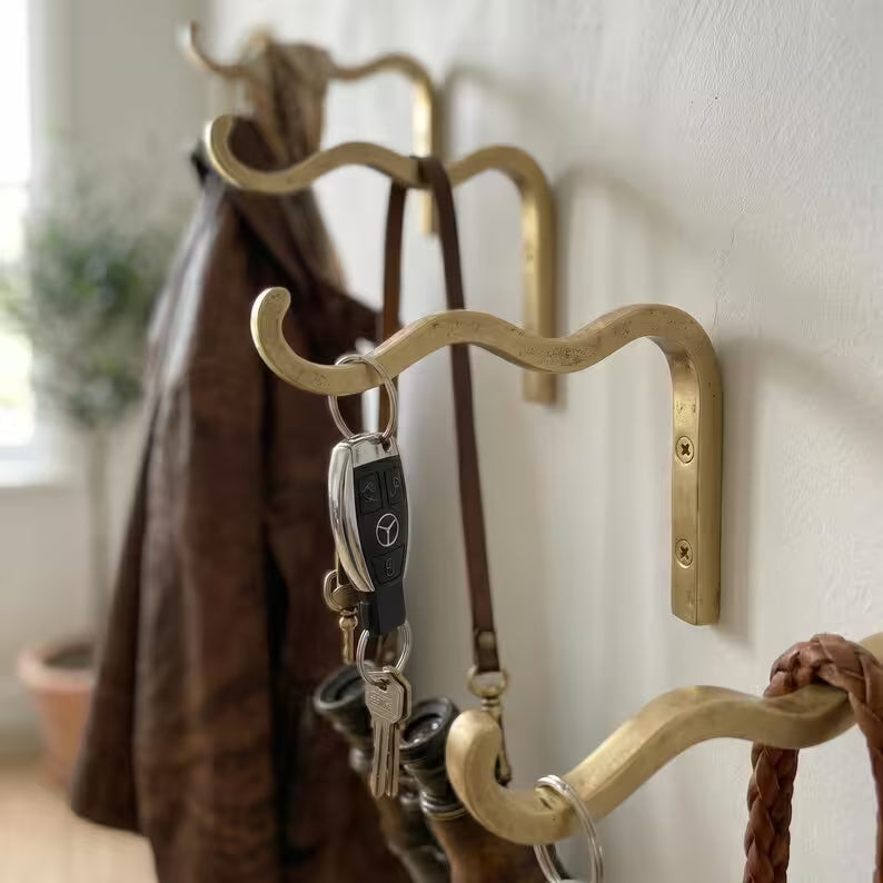 Solid Brass Wavy Wall Hook, Modern Sculptural Coat Hanger, Entryway Organizer