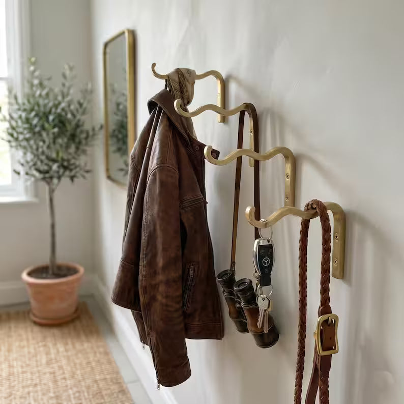 Solid Brass Wavy Wall Hook, Modern Sculptural Coat Hanger, Entryway Organizer