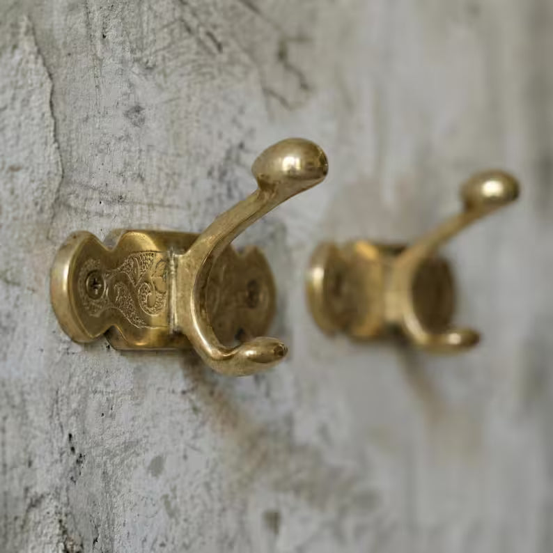 Unlacquered Solid Brass Antique Engraved Double Wall Hook | Vintage Coat & Towel Hook