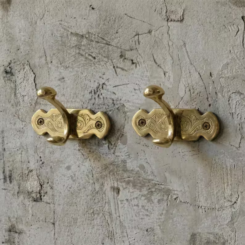 Unlacquered Solid Brass Antique Engraved Double Wall Hook | Vintage Coat & Towel Hook