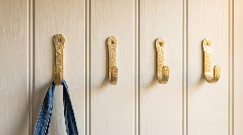 Hammered Solid Brass Wall Hook, Unlacquered, Heavy Duty Coat Towel Robe Hook