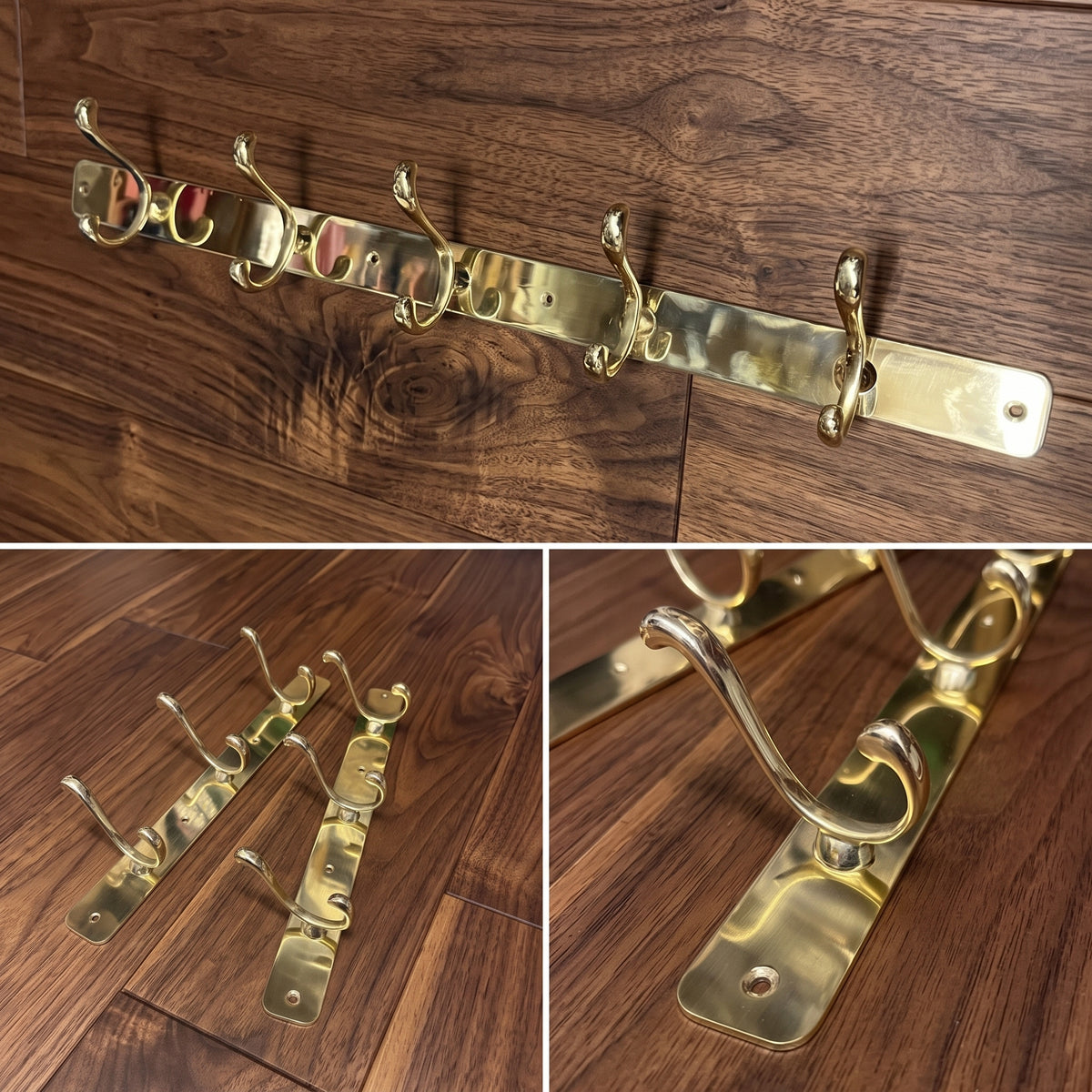 Unlacquered Solid Brass Coat Hook Rack, Wall Hooks Rail, Heavy Entryway Hat Hooks