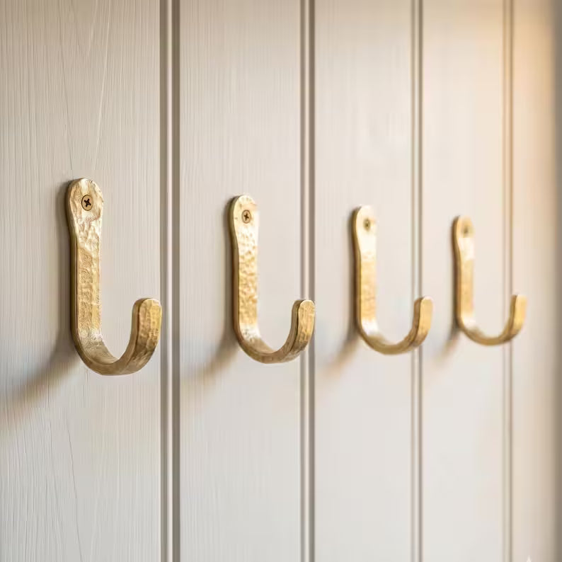 Hammered Solid Brass Wall Hook, Unlacquered, Heavy Duty Coat Towel Robe Hook